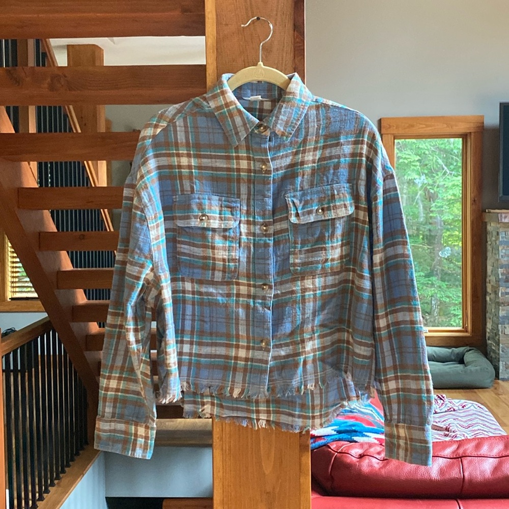 NWT Aeropostale Cropped Blue Plaid Flannel size XS